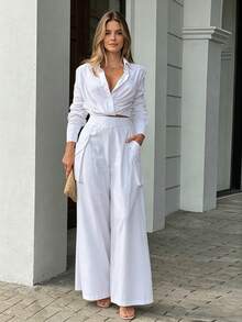 2026 Spring New Women's Wide-Leg Pants Set Solid Color Loose Pocket Fashion Casual Set - White - View 4