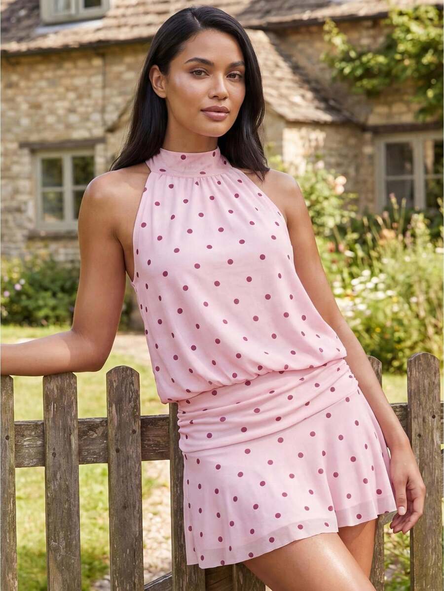 Women's Halter Mini Dress Summer Fashionable Dot Print Sleeveless Backless Tiered Ruffle Dress - Rosa - Ver 1