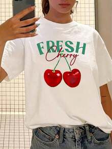 Summer Tops, 1 Piece, Vintage Style Women's T-Shirt, Fresh Cherry Print, Round Neck, Short Sleeves, Polyester Knit Fabric, Geometric Pattern, Regular Length - Summer Casual Top Made Of Cotton - White - View 7