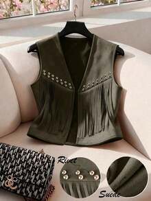 Chaqueta casual de mujer con flecos de gamuza, decoración de remaches, estilo bohemio, versátil para uso diario, vacaciones, trabajo, estilo francés elegante, sin mangas, beige, para principios de primavera/primavera y verano - Verde militar - Ver 6