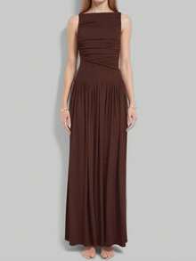 Long, Plain Dress, Spring 2026, Sleeveless, Pleated, Elegant Fitted Cut - Brown - View 1