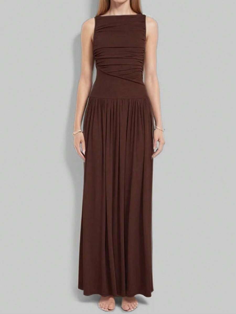 Long, Plain Dress, Spring 2026, Sleeveless, Pleated, Elegant Fitted Cut - Brown - View 1