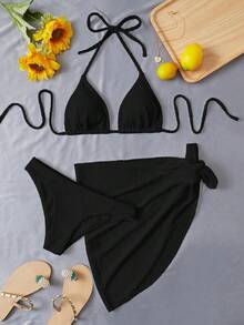 Conjunto de bikini de triángulo halter llano para playa de verano con falda de playa - Negro - Ver 1