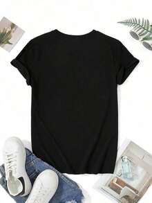 1 Piece Casual T-Shirt Gift For Valentine's Day, With Skull Graphic Print And The Phrase "Always Fall For The Villain", For Dark Romance Book Club (Single Piece, Material: 100% Cotton) 180g 100% Cotton - 黑色 - 查看 3