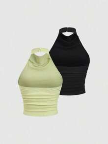 piezas Nuevo top sin espalda elegante y sexy con cuello halter y drapeado, unicolor verde/negro, casual y versátil Y2K - Multicolor 4 - Ver 2