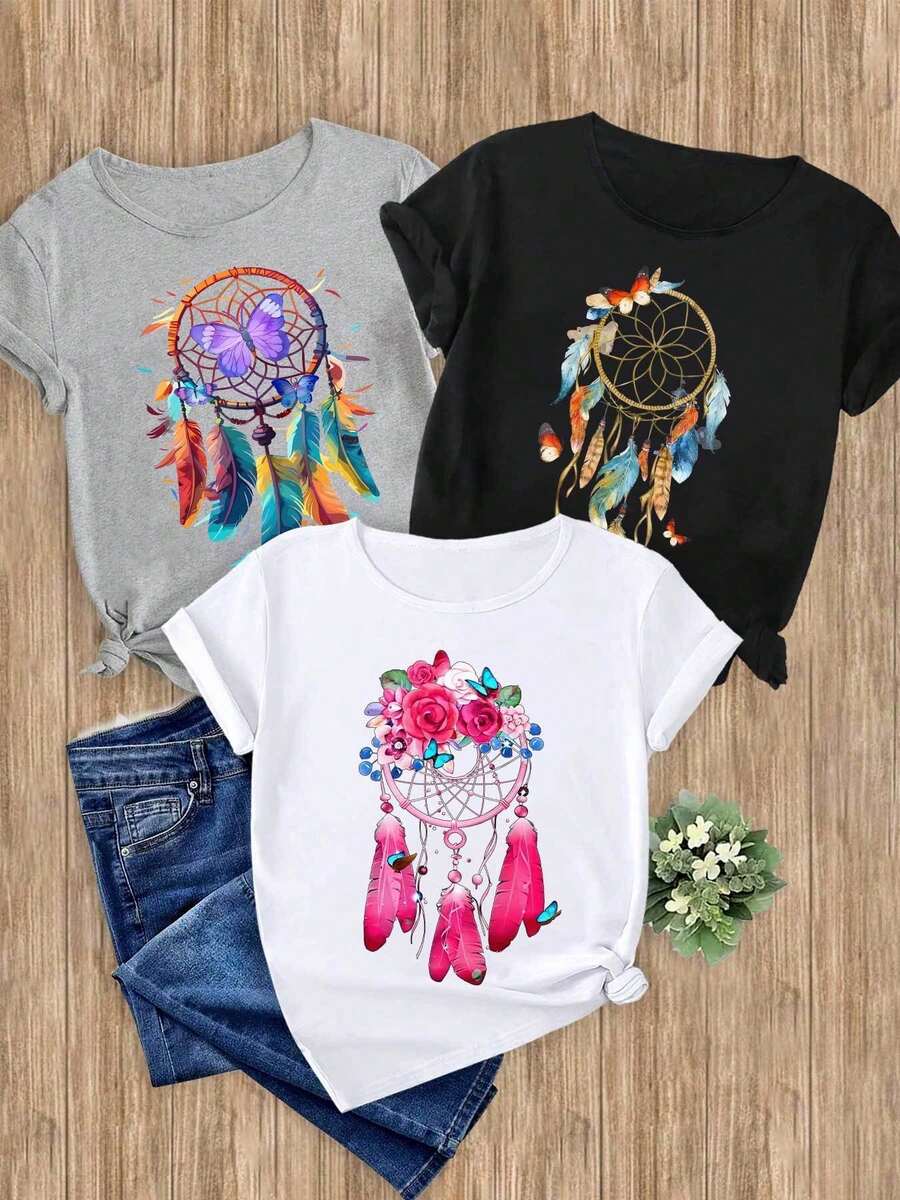 Women's T-Shirts, 1-Piece Set With Dreamcatcher Print, Elegant, Casual, Sporty, Gift, Soft, Machine Washable, Short-Sleeved Top With Round Neck. - 1件黑色隨機圖案 - 查看 1