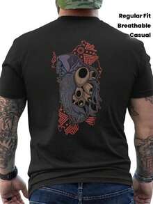 Men'S Italian Mamuthones Graphic-Shirt |  %, Back Print Of Traditional Italian Design, Red & Black Cultural Heritage Art, Breathable Casual Round Neck Tee Casual Attire & Themed, Regular Fit, All-Season Wear - Black - View 7