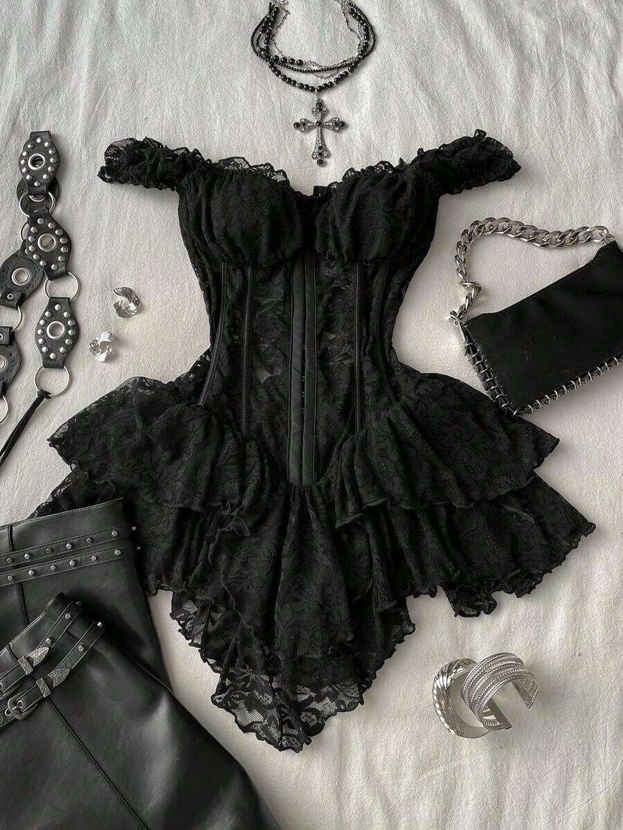 Vestido mini asimétrico de mujer con corsé de encaje y estilo vintage, adecuado para Y2K - Negro - Ver 1