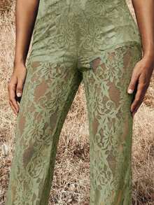 Pantalones elegantes de cintura alta con volantes de encaje para mujer, para citas, salidas nocturnas, para otoño e invierno - Verde Niebla - Ver 4