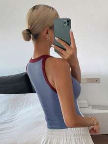 Top corto de mujer de unicolor negro ajustado para gimnasio - Azul - Ver 4