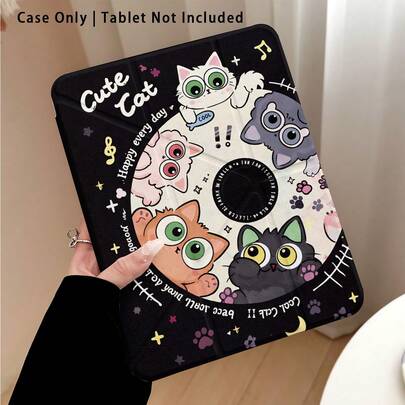 可爱猫咪与音符图案亚克力水晶平板电脑保护套，带支架，适用于三星/苹果/荣耀等主流机型，可折叠防弯折，硅胶加固边角，自动唤醒/睡眠功能，内置笔槽，多角度折叠支架——完美日常保护，理想礼物