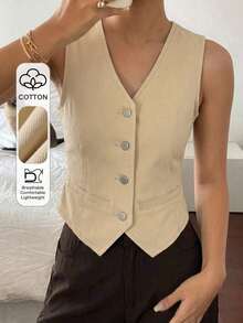 Chaleco vaquero casual con cuello en V para mujer - Caqui - Ver 7