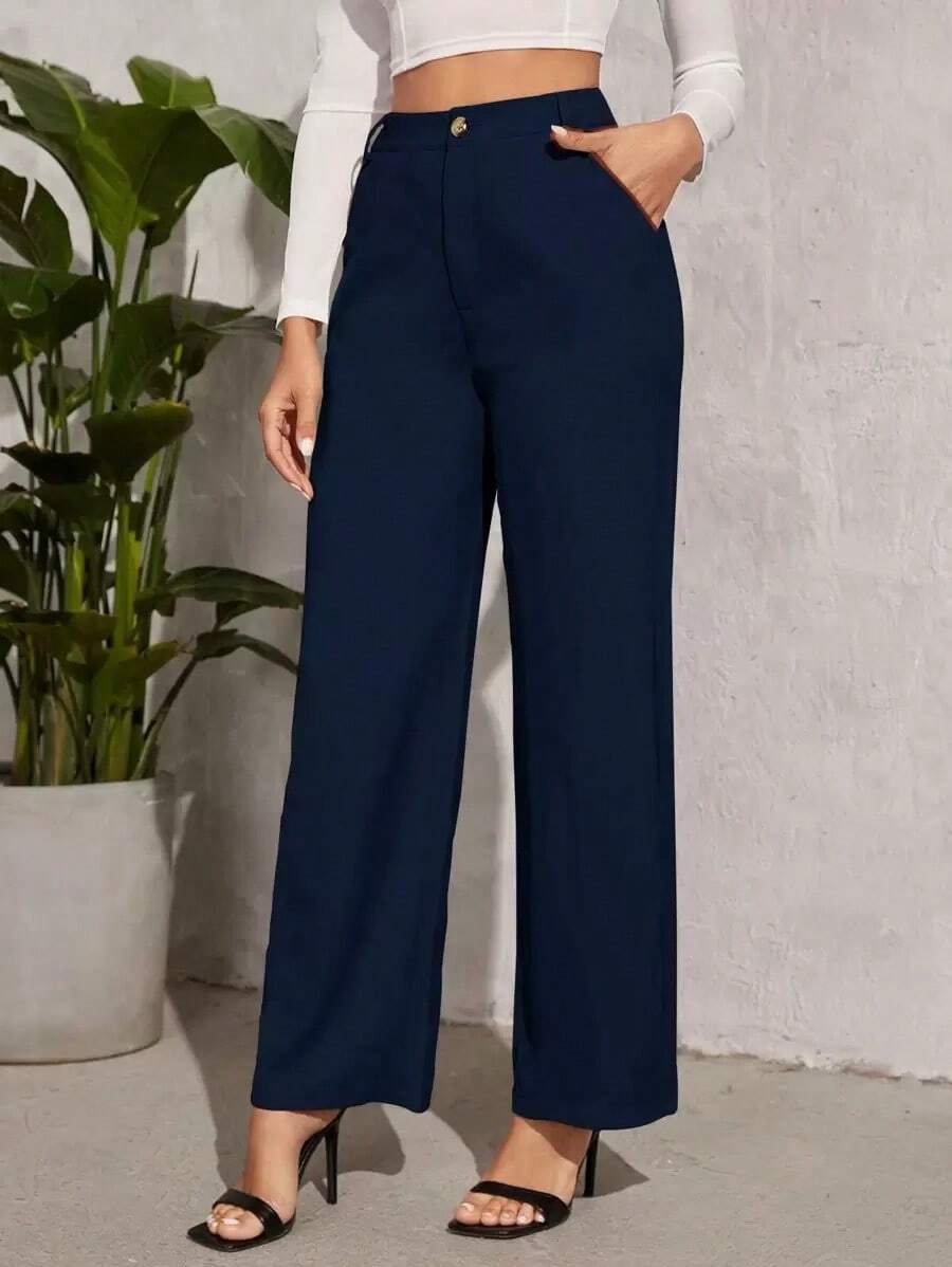 Pantalones rectos unicolor con cremallera - Azul marino - Ver 1