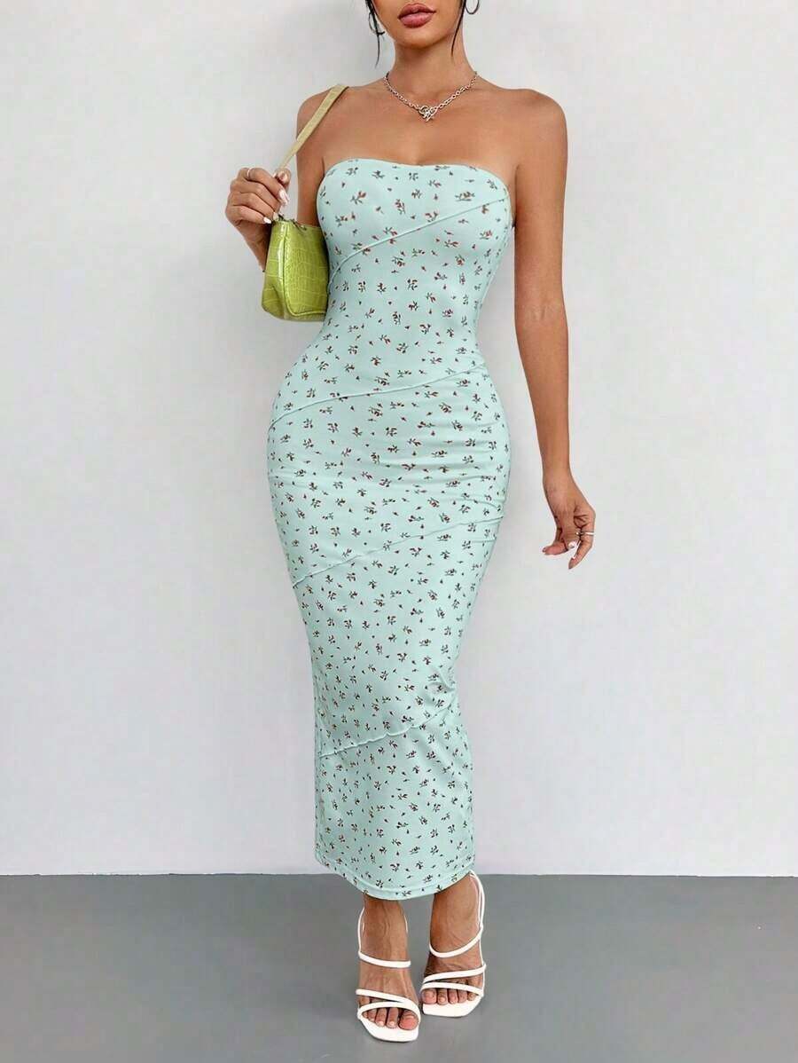 Vestido de tirantes ajustado con estampado floral ditsy en rosa de verano - verde menta - Ver 1