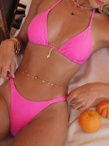 Conjunto de bikini reversible con estampado de lunares en contraste, con escote halter y nudo en la espalda, de estilo dulce y sexy, para vacaciones en la playa - Multicolor - Ver 2