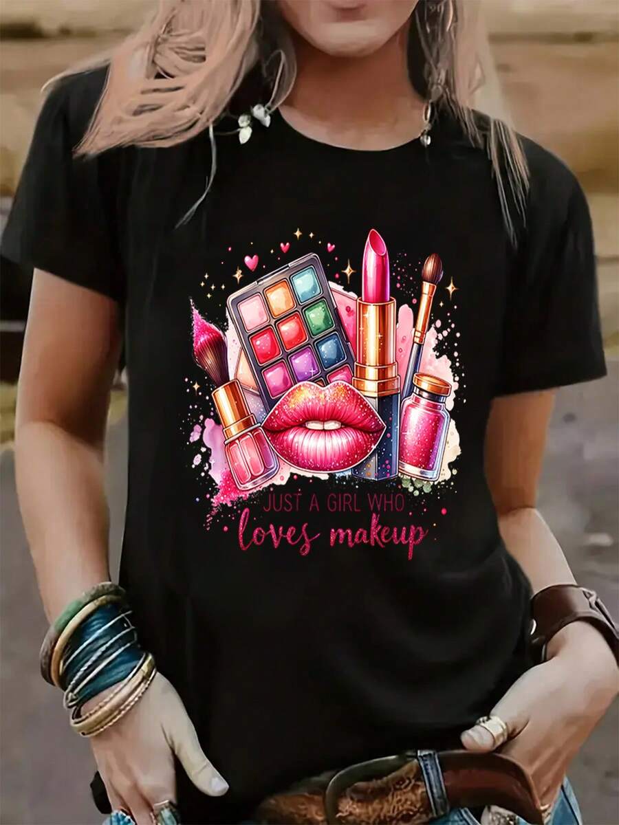 A Printed T-Shirt For Makeup Lovers, With A Casual Round Neck And Short Sleeves, Ideal For Spring And Summer, Comfortable And Breathable, Perfect For All Seasons, Women's Sportswear - 黑色 - 查看 1