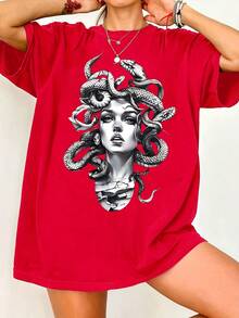 Women's Casual Round Neck T-Shirt With Print, Short Sleeve, Plus Size, Ideal For Spring And Summer - [紅色的] - 查看 7