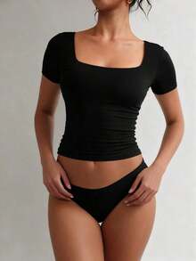 Camiseta ajustada de manga corta con cuello cuadrado de unicolor básico para mujer, blanco casual de verano - Negro - Ver 4