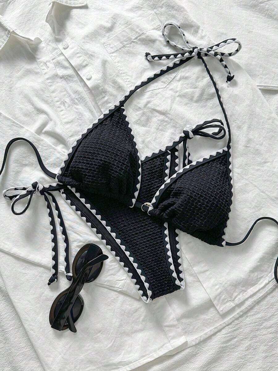 Conjunto de bikini de 2 piezas para mujer de verano con tela jacquard de unicolor, volantes en el borde y tirantes ajustables - Negro 2 - Ver 1