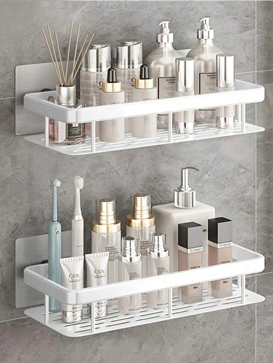 2 Kệ đựng đồ dùng nhà tắm không cần khoan, bằng nhựa chịu lực, chống gỉ, có lỗ thoát nước, tự dính, tiết kiệm không gian, dùng để đựng dầu gội, mỹ phẩm, bàn chải đánh răng, đồ dùng nhà bếp, phòng tắm và gia đình.