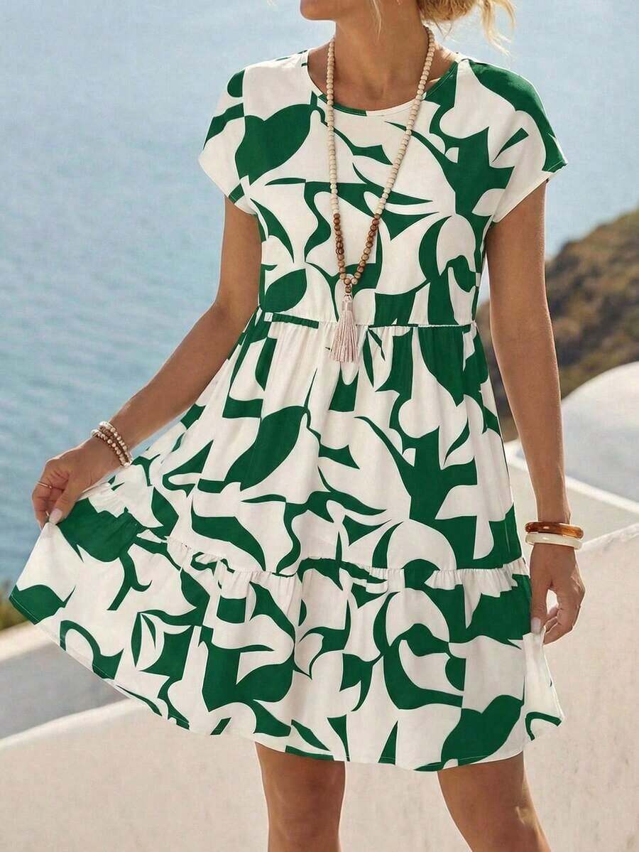 Vestido corto con cuello redondo y manga corta de estampado geométrico, casual para mujer, adecuado para primavera/verano - Verde - Ver 1