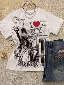 Women's Round Neck Fitted-ShirtINAWLY Women Y2K Lovers Rock Pattern Round Neck-Shirt, Outdoor Casual Loose-Shirt, Suitable Party Spring And Summer Daily Casual Wear-Suitable Daily Wear, Vacation, Party, - 白色 - 查看 1