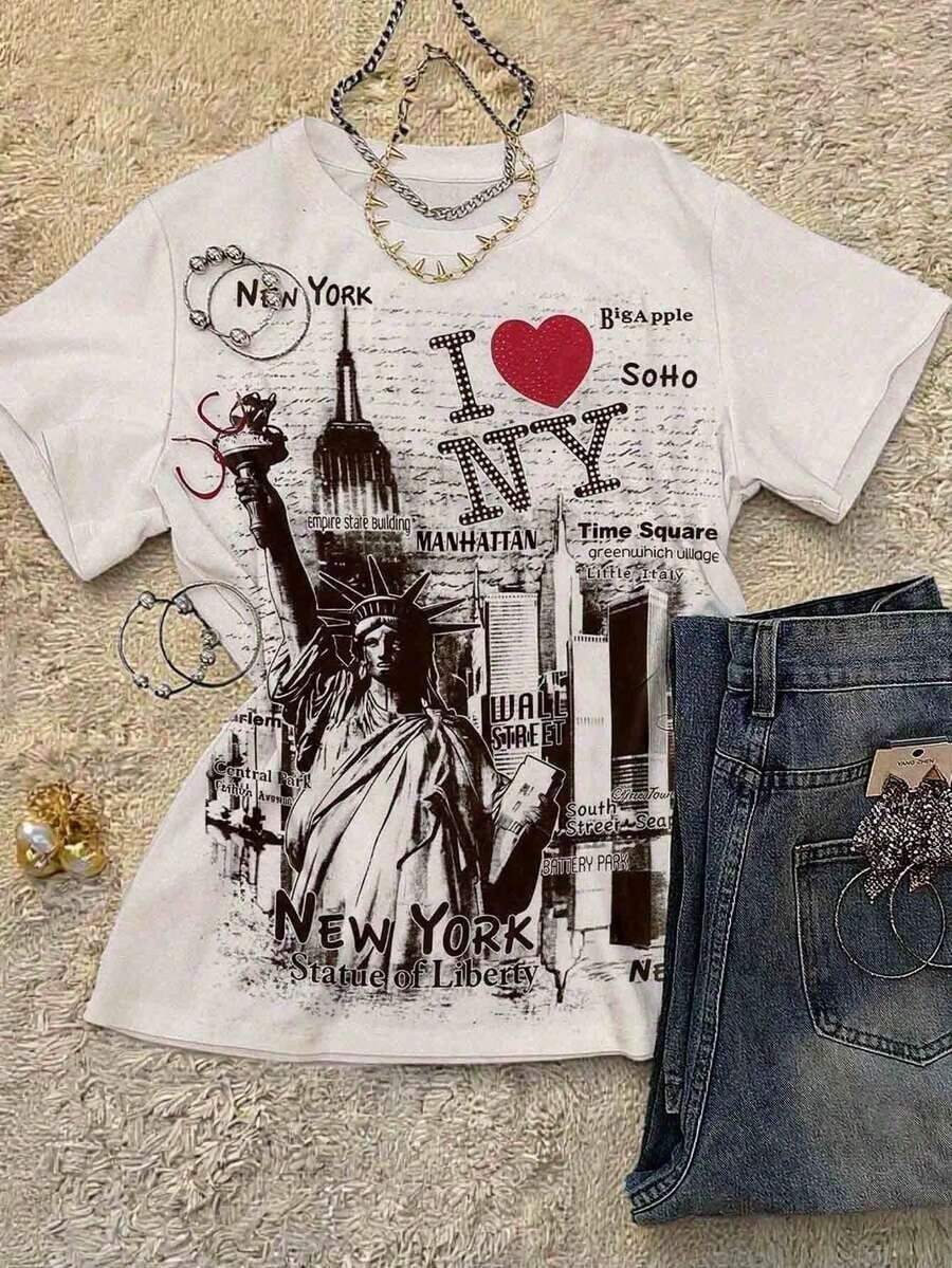 Women's Round Neck Fitted-ShirtINAWLY Women Y2K Lovers Rock Pattern Round Neck-Shirt, Outdoor Casual Loose-Shirt, Suitable Party Spring And Summer Daily Casual Wear-Suitable Daily Wear, Vacation, Party, - 白色 - 查看 1