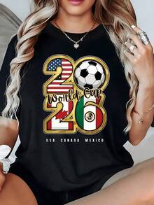 Symbols Of Sporting Unity With Numbers Decorated With Flags Of The United States, Canada, And Mexico Next To A Ball Celebrating The Football Spirit. Comfortable Casual Women's T-Shirt For Fans Of The 2026 World Cup. - 黑色 - 查看 8