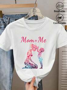 Regalo del Día de la Madre Ropa de Verano para Mujer Camiseta de Talla Grande para Mujer con Estampado de Silueta de Corazón Mamá+Yo y Padre, Cuello Redondo, Manga Corta, Estilo Casual, Top Versátil de Moda Vintage para Desplazamientos, Vacaciones y Uso Diario, Disponible en 1XL-5XL - [Blanco] - Ver 7
