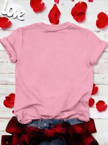 Women's Plus Size Casual Short Sleeve T-Shirt With Round Neck And Heart-Shaped Rhinestones For Valentine's Day - Rosa 2 - View 2