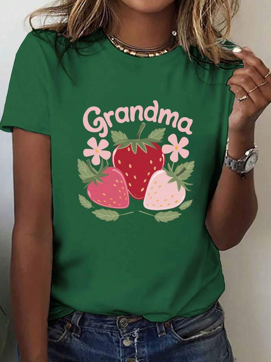 GRANDMA Strawberry And Flower Print Casual T-Shirt, Short Sleeve, Round Neck, Casual Top For Summer And Spring, Women's Clothing, 100% Cotton, Durable - 綠色 - 查看 1