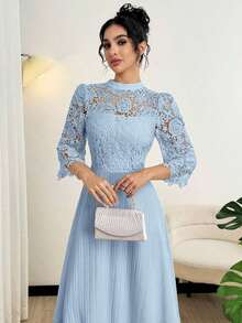 Vestido largo de manga larga con parches de bordado de ojal amarillo para mujeres - Celeste - Ver 2