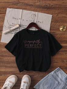 Women's Plus Size Oversized T-Shirt, Short Sleeve Round Neck With Print, Casual Blouse - Hitam - View 3