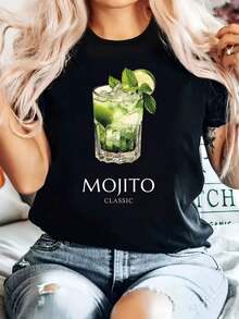 100% cotton Camiseta Versátil y de Moda para Mujer con Estampado de Copa de Mojito - Negro - Ver 7