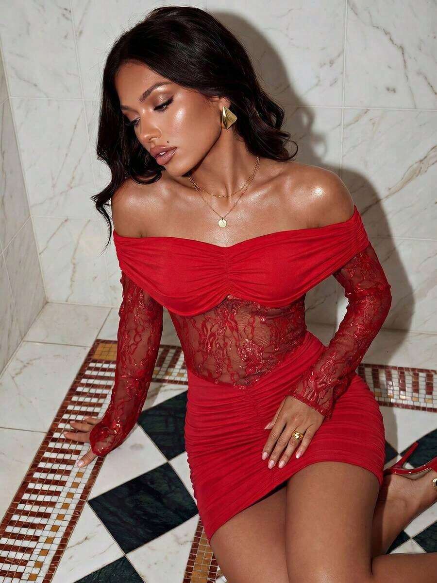 Vestido corto de verano para mujer con hombros descubiertos, volantes y encaje en contraste sexy - Rojo - Ver 1