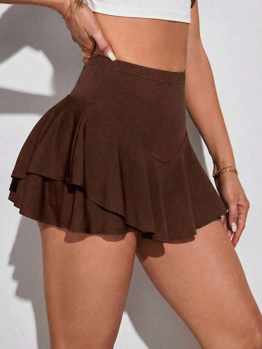 Tall Pantalón corto falda de punto de color liso para mujer, uso casual diario - Marrón - Ver 1