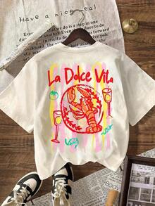 Camiseta Gráfica a Rayas con Estampado de Langosta y Limón de La Dolce Vita, Camiseta de Manga Corta con Cuello Redondo, Corte Holgado y Casual para Mujer, Ideal para Vacaciones de Verano en la Playa - Estilo - Ver 3