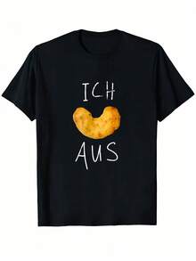 Camiseta negra casual con diseño de patatas fritas y texto 'Ich Aus', con cuello redondo, mangas cortas y tela de elasticidad media, adecuada para todas las estaciones. - Negro - Ver 6
