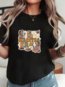 Camiseta ligera para mujer con estampado "My Teacher Era" al estilo mexicano del Día de Muertos, cuello redondo, manga corta, diseño casual, tela de alta elasticidad, lavable a máquina, adecuada para primavera, verano y otoño, 100% algodón, una opción popular. - Negro - Ver 8