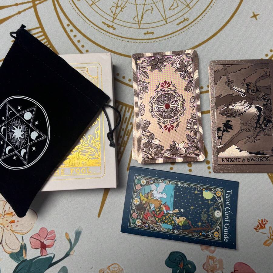 Rose Gold Foil Tarot Card Deck Set With Guidebook And Bag, Waterproof PET Tarot Cards, 78 Classic 4.7"X 2.7" Cards Suitable For Beginners And Experts, Elegant Floral Pattern Divination Tool Gift Set (Includes Velvet Card Bag) - Multicolor - View 1