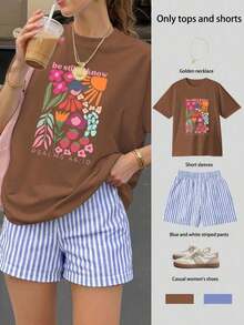 Conjunto de camiseta de manga corta holgada con estampado "Be Still & Know" y pantalones cortos a rayas, traje de mujer, conjunto de dos piezas femenino, atuendo de verano para mujer, ropa de vacaciones, ropa de viaje, estilo de playa, vestimenta de vacaciones minimalista - Marrón 2 - Ver 1