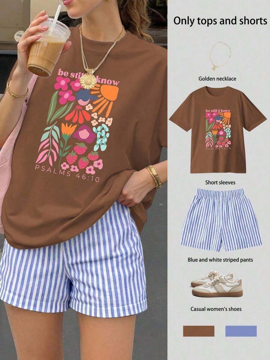 Conjunto de camiseta de manga corta holgada con estampado "Be Still & Know" y pantalones cortos a rayas, traje de mujer, conjunto de dos piezas femenino, atuendo de verano para mujer, ropa de vacaciones, ropa de viaje, estilo de playa, vestimenta de vacaciones minimalista - Marrón 2 - Ver 1