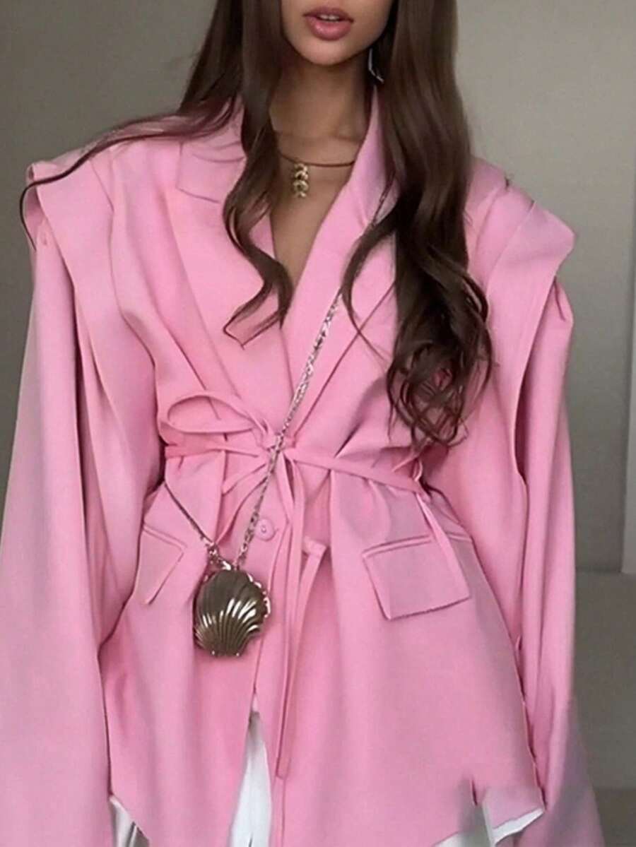 Blazer primavera 2026, color liso ajustado con cordón, estilo versátil elegante - Rosa - Ver 1