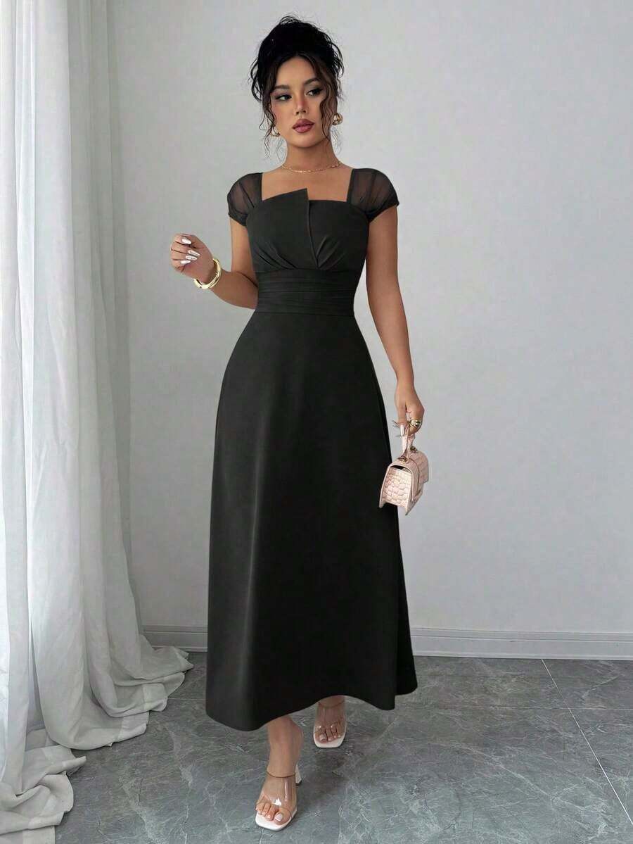 Vestido ajustado de mujer casual con parches y mangas de malla - Negro - Ver 1