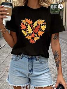Camiseta de Mujer Talla Grande 100% Otoño con Estampado de Hojas de Roble y Follaje Rojo-Naranja, Cuello Redondo Cómoda para Todas las Estaciones, Esencial para Combinar en Capas - Lavable a Máquina - Negro - Ver 2