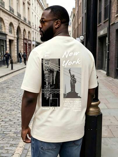 Plus Size Men's American Street Style Printed T-Shirt, Loose Drop Shoulder New York Statue Of Liberty Graphic Tee, High Street Retro Casual Top, Breathable & Comfortable, Multiple Colors Available