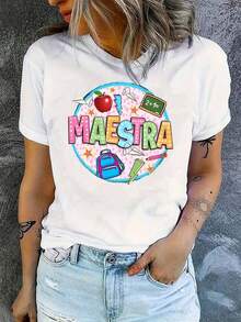 | 100% Pure Cotton And Breathable | Women's TEACHER Graphic Print T-Shirt - Colorful Educational And Geometric Patterns, Round Neck, Summer Top, Machine Washable, Not See-Through - Unisex Summer Top - 白色 - 查看 7