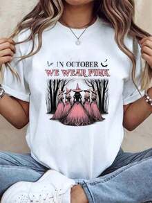 Camiseta gráfica de conciencia sobre el cáncer de mama rosa de Halloween de octubre, cómoda, de manga corta y de gran tamaño, elegante y casual, perfecta para uso diario y actividades al aire libre, 220g - Negro 9 - Ver 7