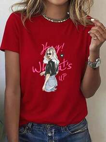 Camiseta de manga corta estampada de una sola pieza para mujer, sencilla y con cuello redondo, "Hey!" Top holgado, cómodo y versátil con estampado "What's Up" para niña. Camiseta Básica Cómoda de Primavera y Verano, Estampada de Manga Corta para Actividades al Aire Libre, Unisex. Camisetas para parejas, conjuntos para padres e hijos, conjuntos familiares, novedades, camisetas de manga corta a la moda, camisetas de manga corta para regalos 2026 - Conjuntos de verano para mujer, adecuados para primavera, verano y otoño. - Rojo - Ver 6