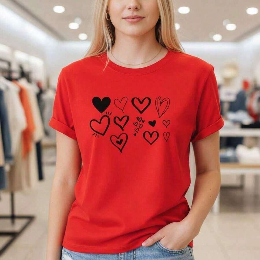 Camiseta de manga corta de algodón puro para mujer con estampado de corazones, cuello redondo, corte holgado, estilo casual, tallas S-5XL disponibles, camiseta gráfica estética y linda para uso diario, diseño moderno inspirado en el Día de San Valentín, tela suave y transpirable, camiseta básica con motivos de corazones, camisa casual cómoda para el verano, camiseta con estampado de corazones para damas, adecuada para primavera, verano y otoño. - Rojo - Ver 1
